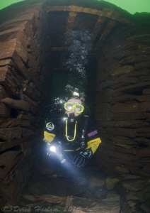 Diver in blast hut. Vivian quarry. D3, 16mm. by Derek Haslam 